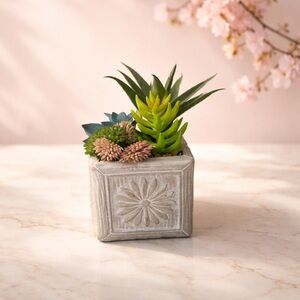 Decorative Gray Ceramic Succulent Planter with Faux Greenery